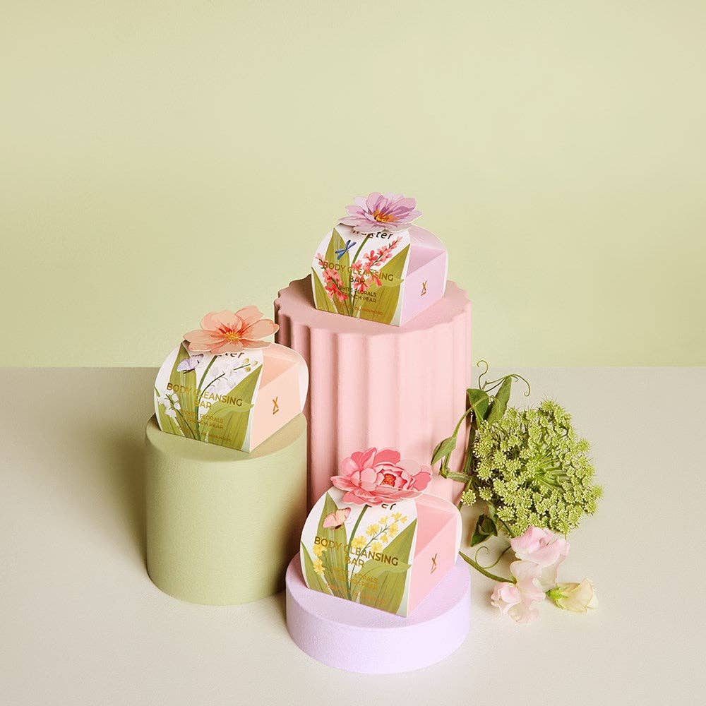 Body Cleansing Bar Gift Box - Pink Flower - White Florals & French Pear