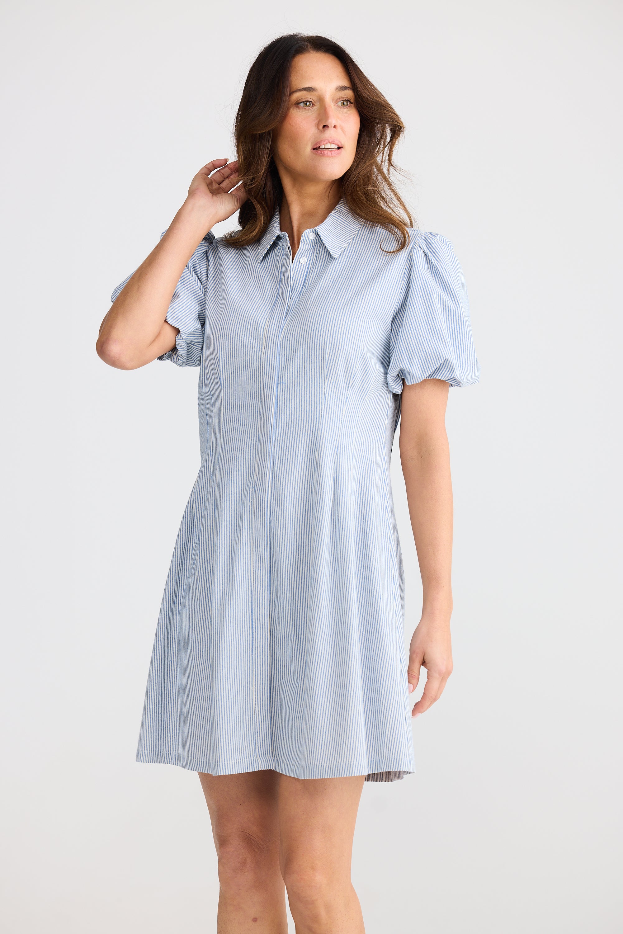 Maria Short Dress - Blue Pinstripe