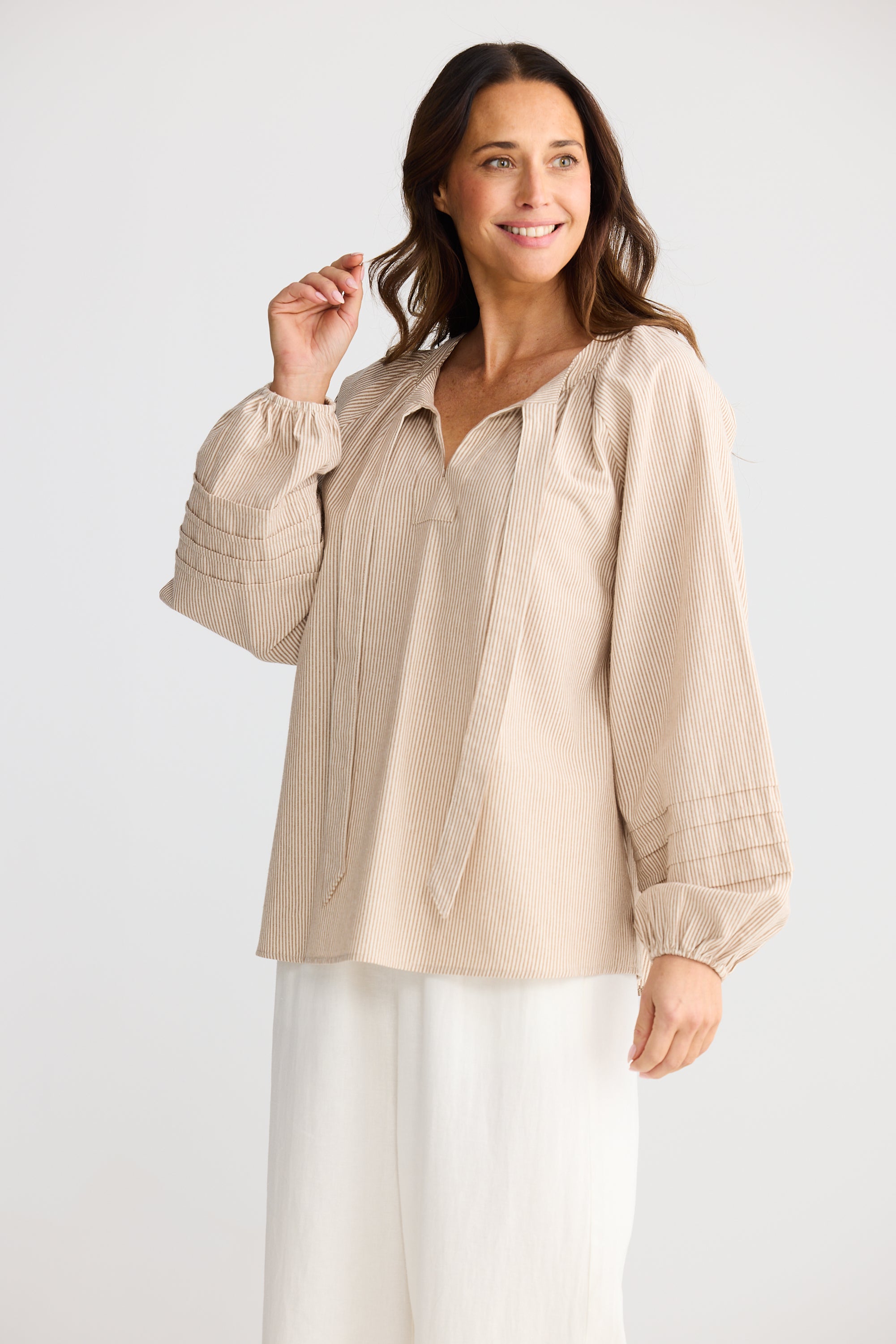 Mardi Blouse - Latte Pinstripe