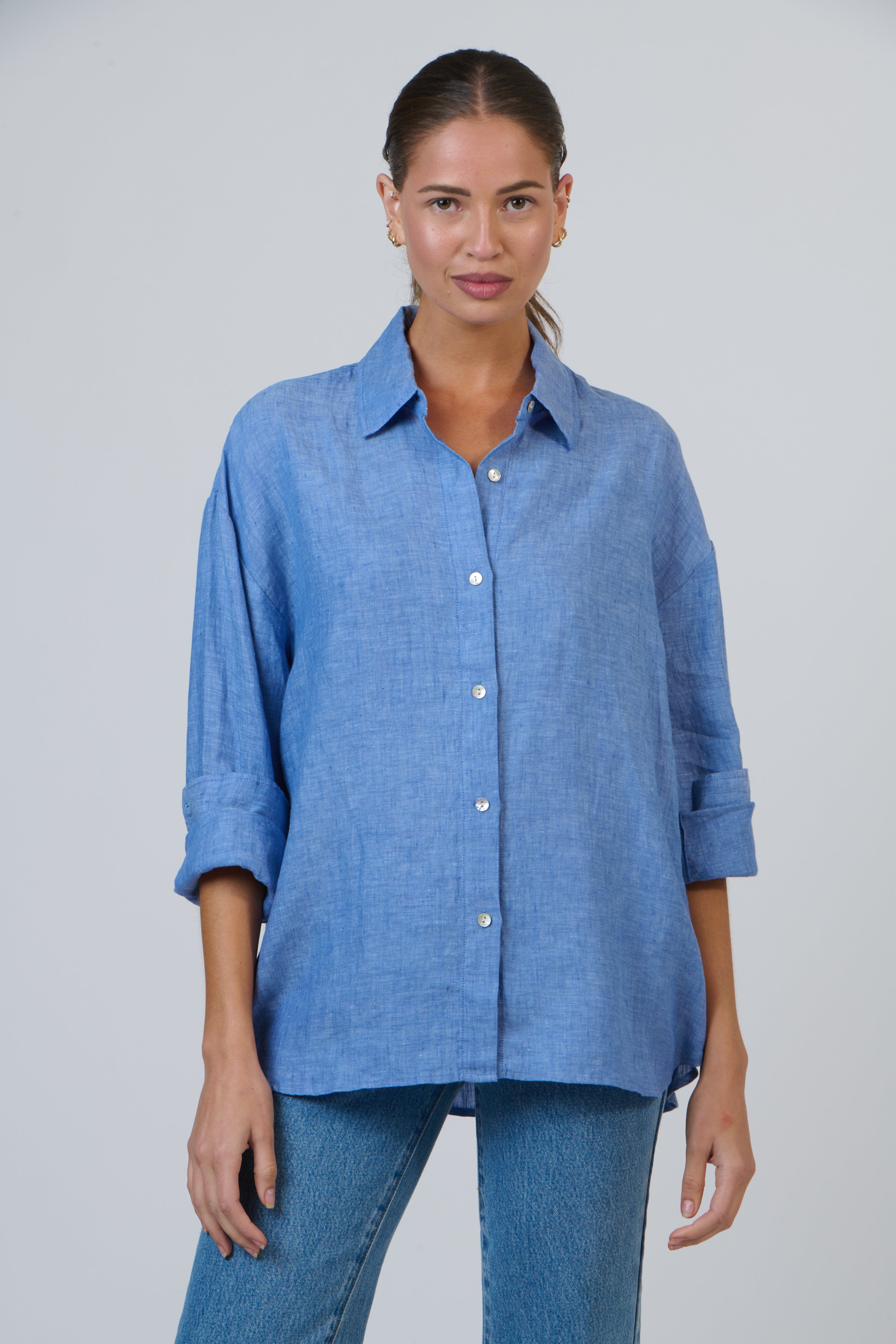 Linen Boyfriend Shirt - Azur
