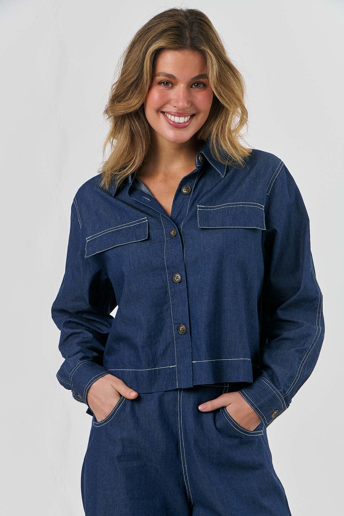 Cropped Linen Jacket - Denim