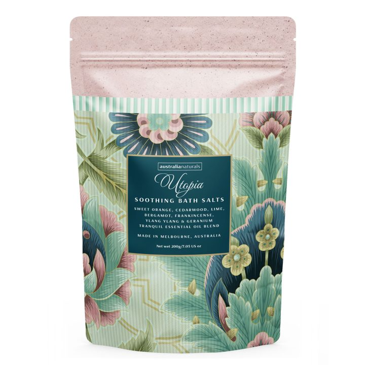 Australian Naturals Utopia Bath Salts 200gm - Sweet Orange, Cedarwood, Lime, Bergamot, Frankincense, Ylang Ylang, Geranium