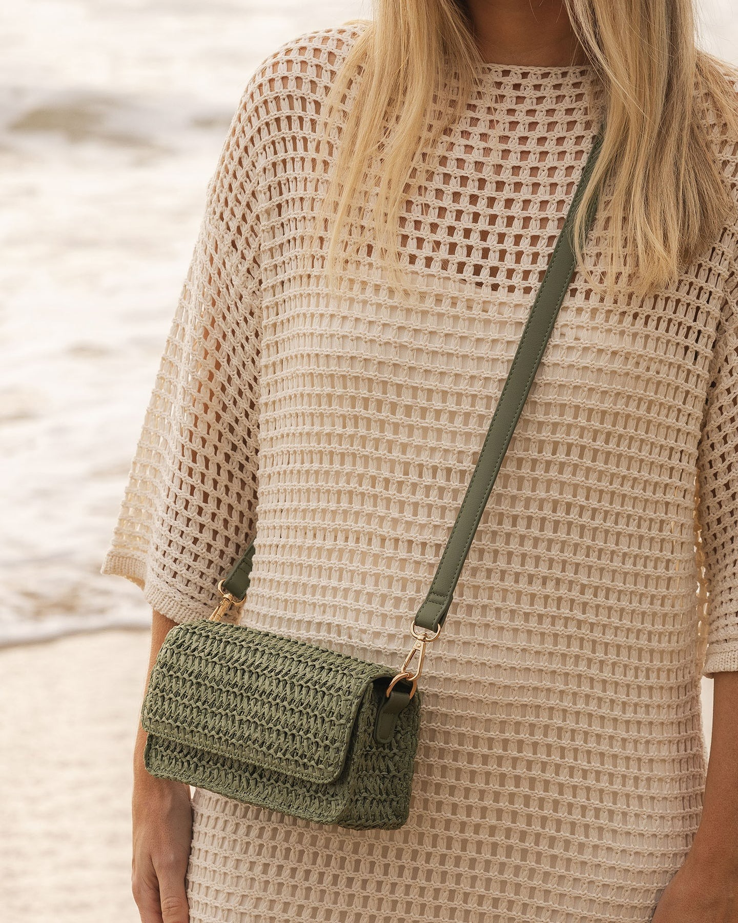 Freya Raffia Crossbody Bag - Sage Green