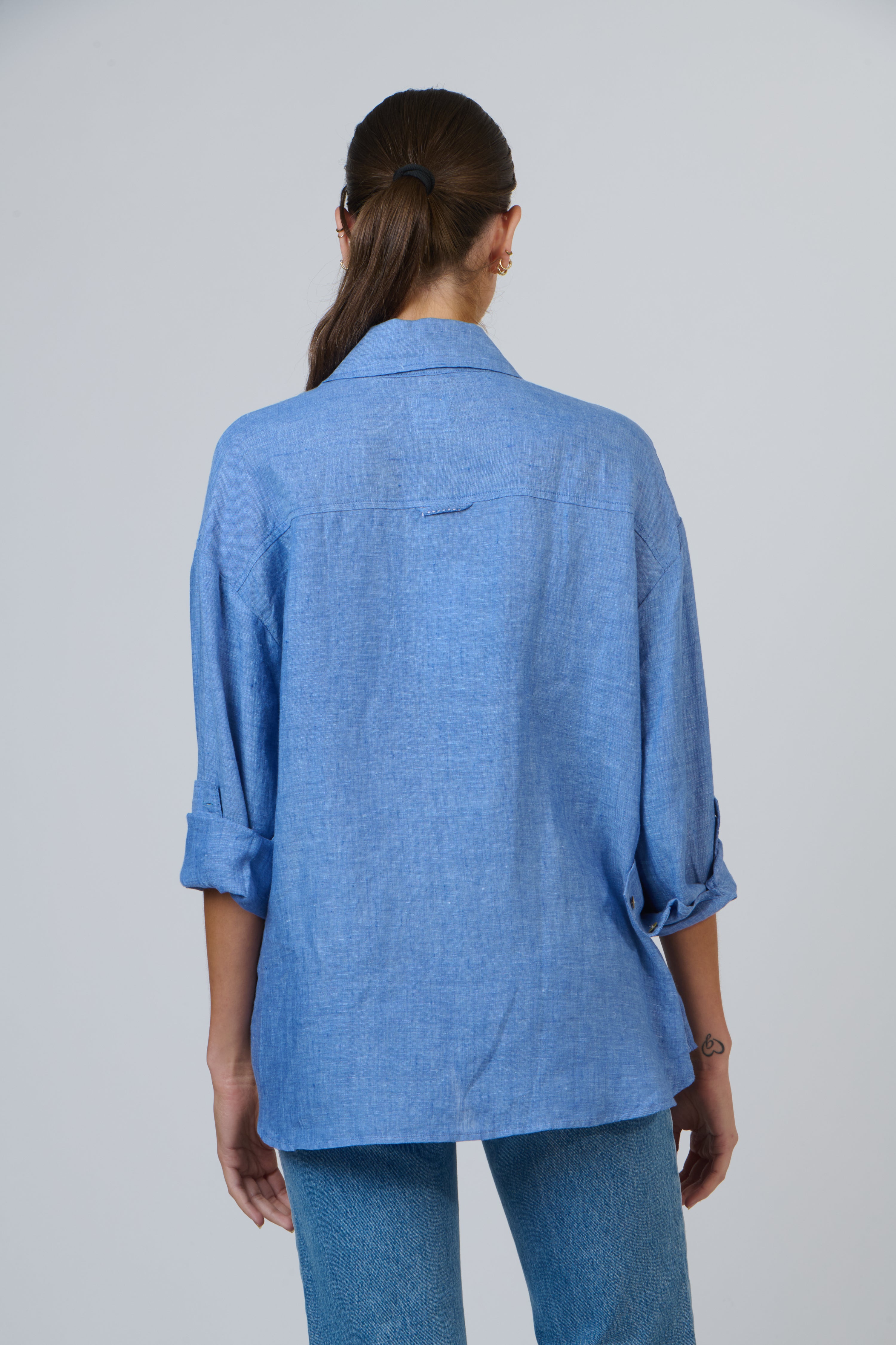 Linen Boyfriend Shirt - Azur