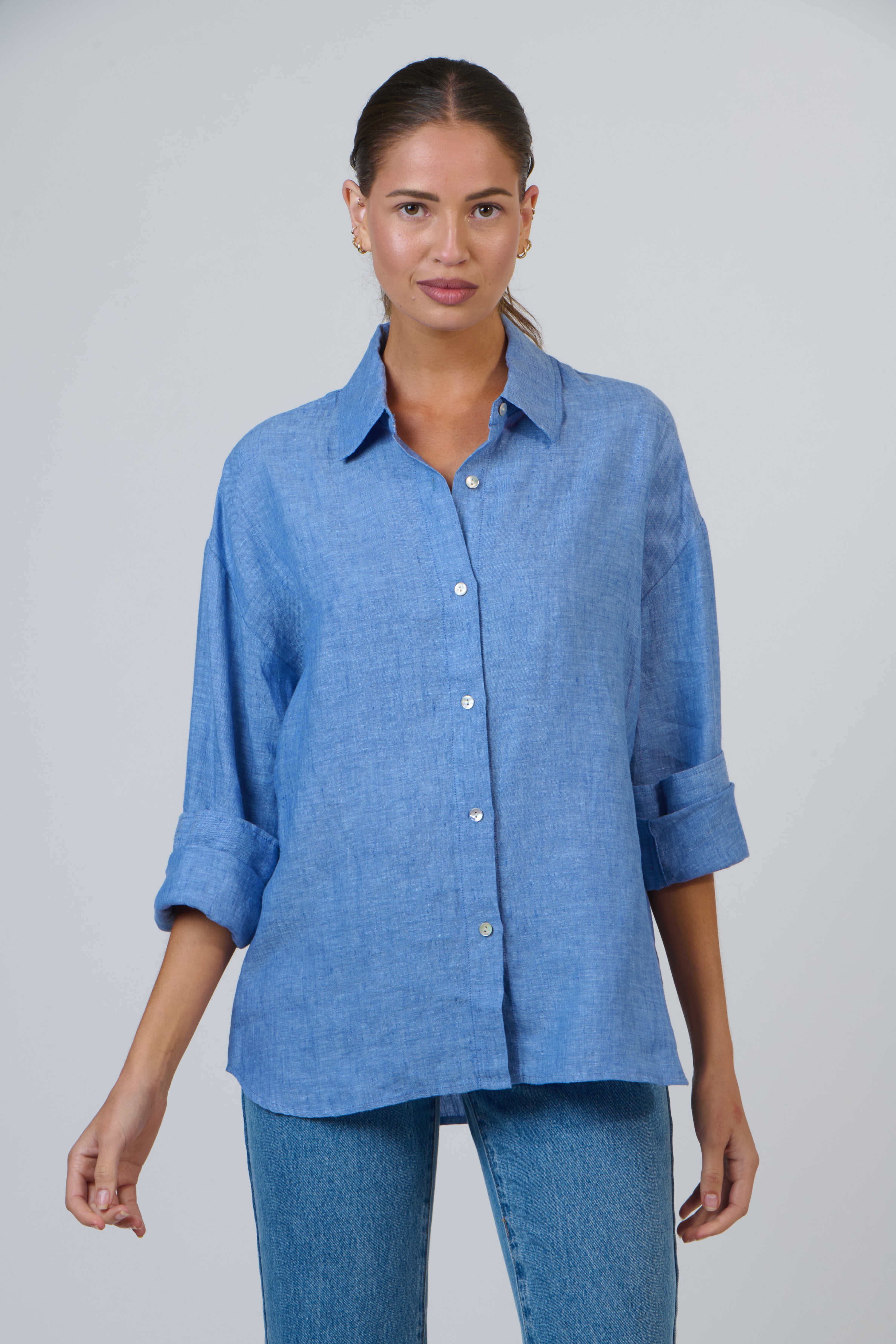 Linen Boyfriend Shirt - Azur