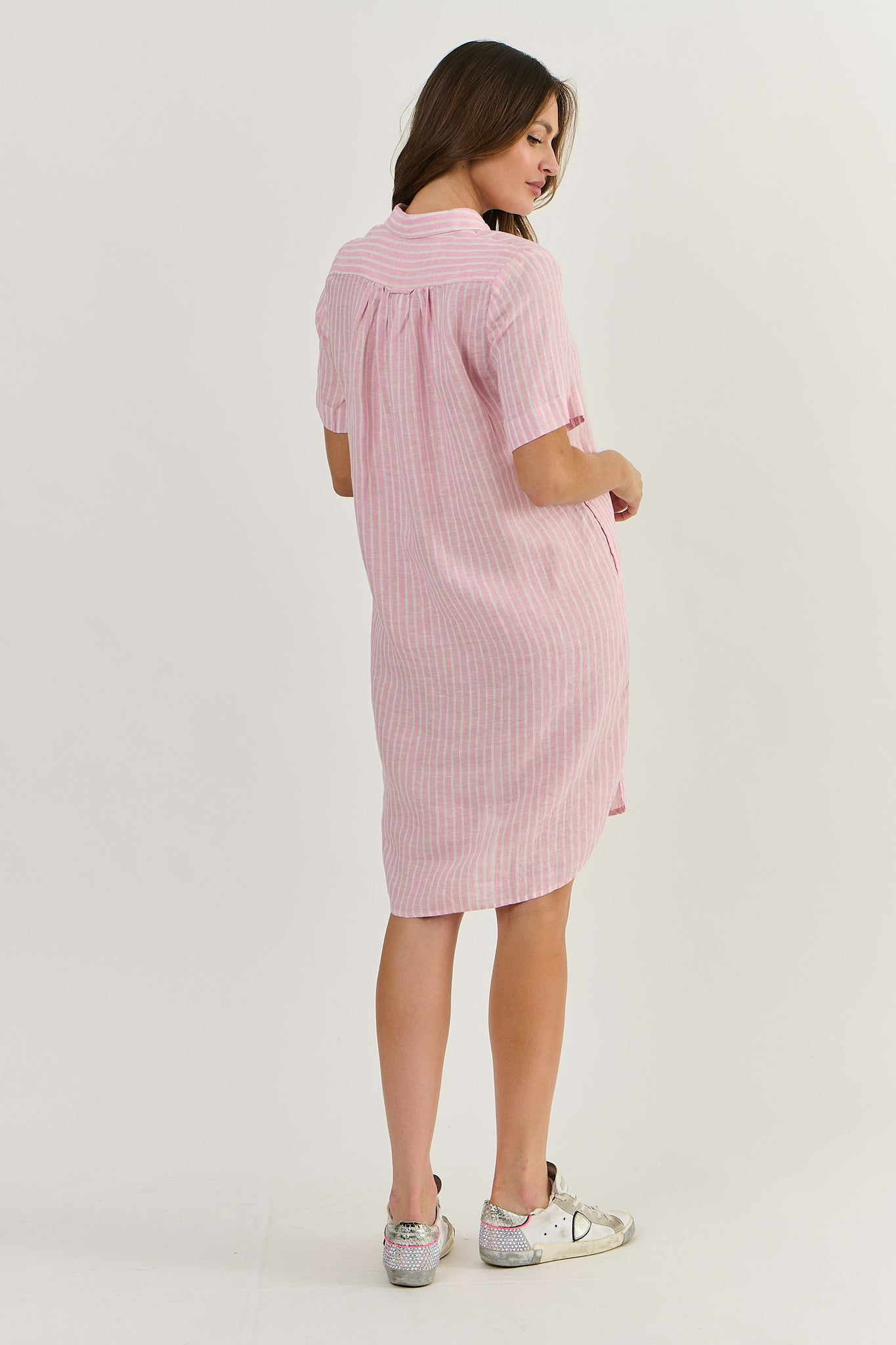 Linen Shirt Dress Pink Stripe