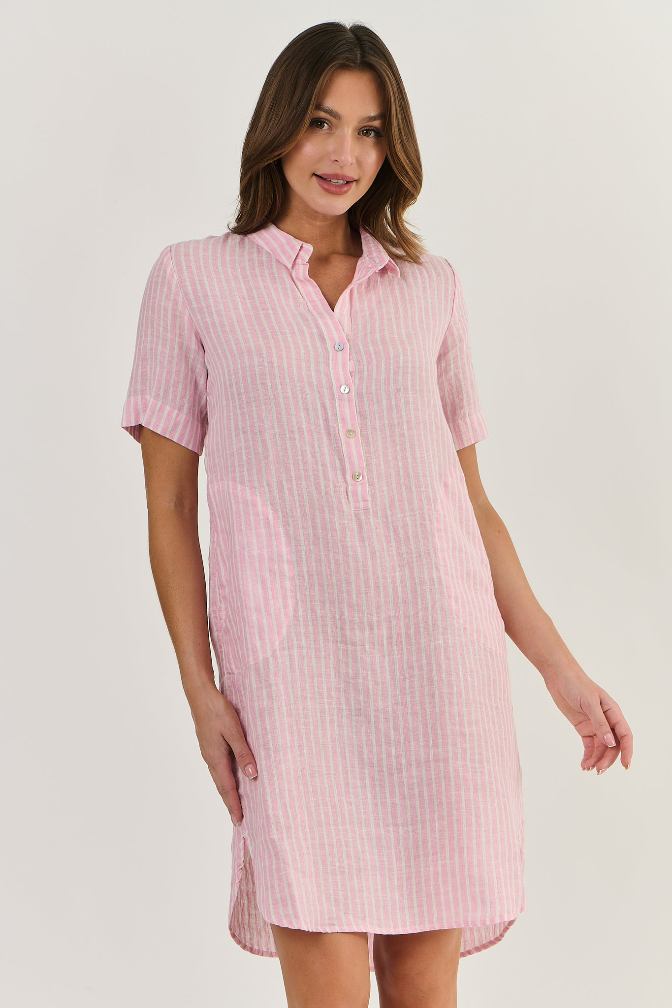 Linen Shirt Dress Pink Stripe