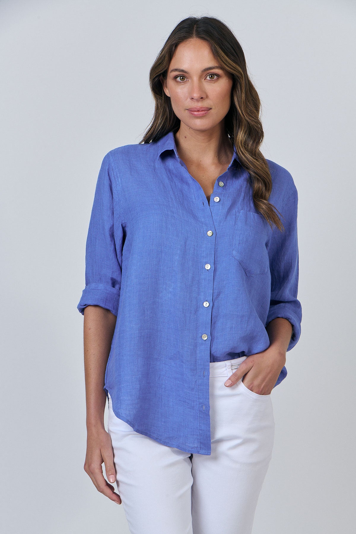 Long Sleeve Linen Boyfriend Shirt - Mer