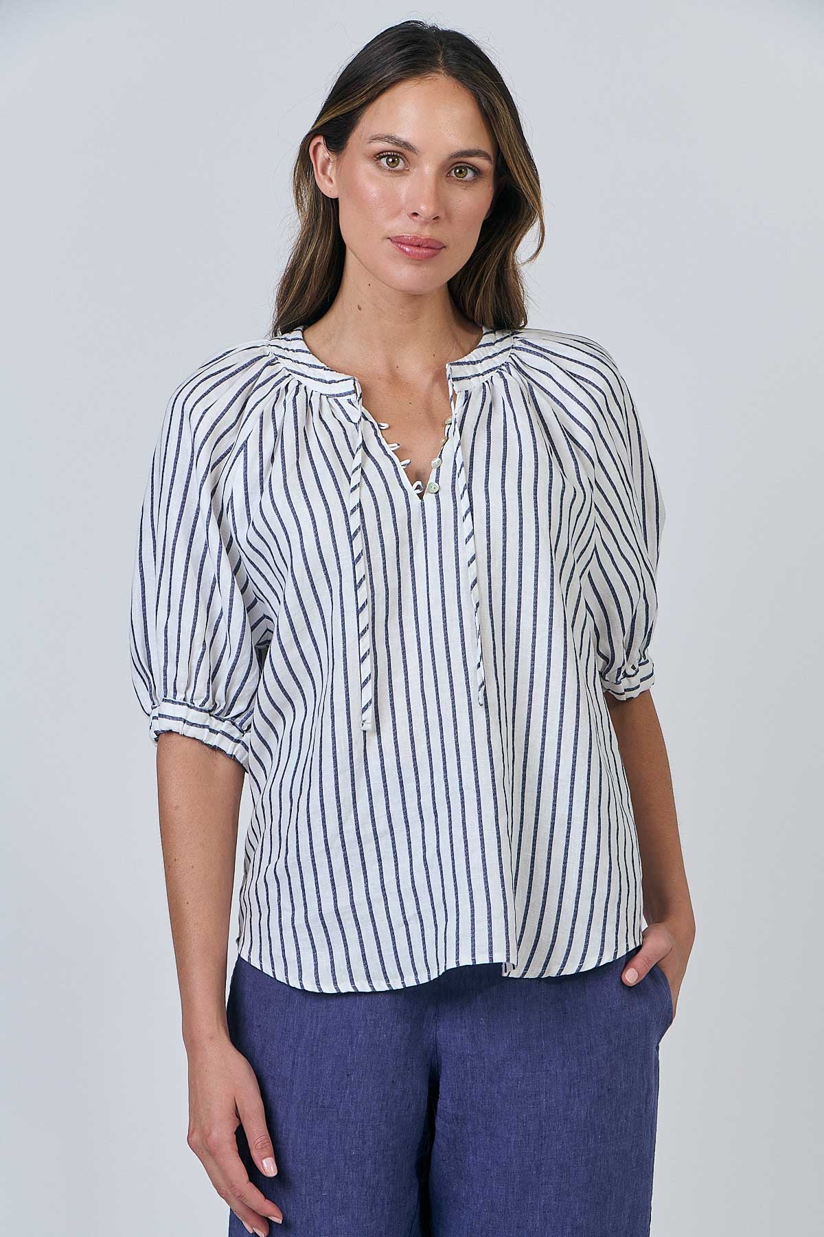 Linen Top - Blueberry Stripe